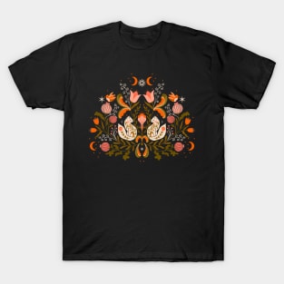 Celestial Harmony: Felines & Florals in Symmetry T-Shirt